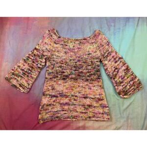 Vintage 90s Handknit Fuzzy Bell Sleeve Sweater Rainbow Ombre Angora Fairy Sz M